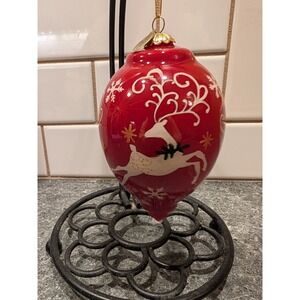 Pier 1 Red Reindeer Seasons Greetings 2014 Christmas Ornament Glass
